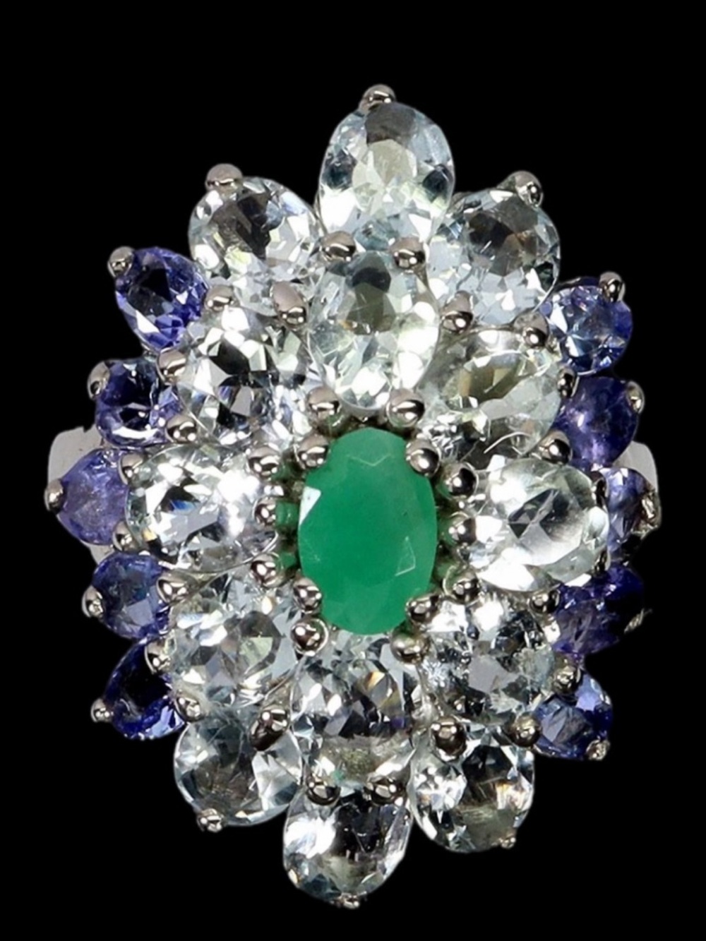 Fabulous Genuine Aquamarines Emerald & Tanzanite Ring a work of art 
See Video